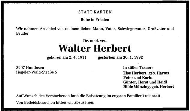 Herbert Walter 1911-1992 Todesanzeige